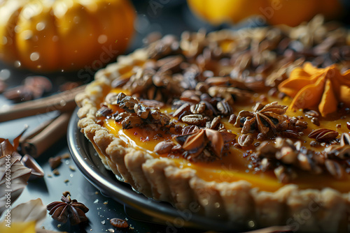 A gourmet pumpkin pie dish with additional toppings and flavors