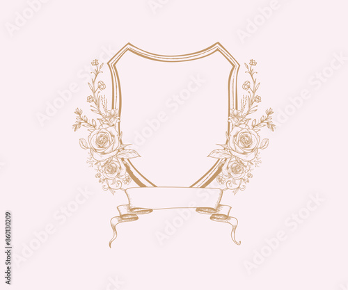 Elegant Floral Line art Bow Frame, Vintage Crest Frame Invite, Floral Clip art, Feminine Wedding Invitation Flower