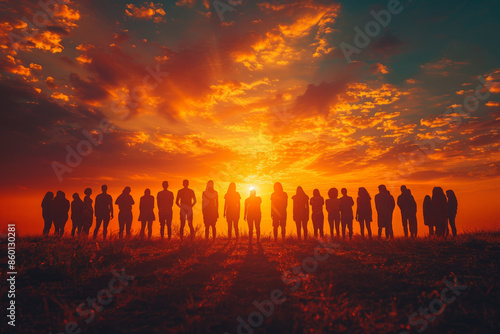 At sunrise, a silhouette of a group stands together, symbolizing freedom, harmony, and success. © Andrii Zastrozhnov