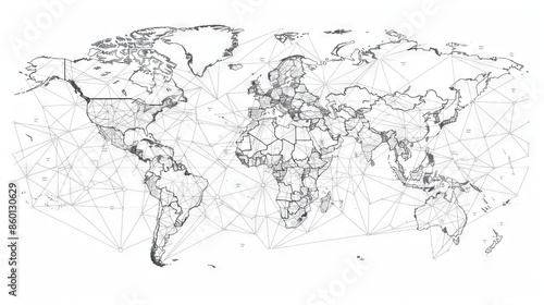 Fototapeta Naklejka Na Ścianę i Meble -  Clean line drawing of a world map with dotted lines representing travel routes.