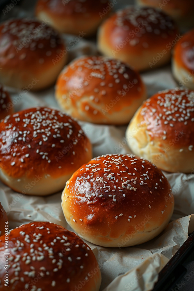 Freshly baked bread rolls with sesame seeds topping Freshly baked bread rolls with sesame seeds topping