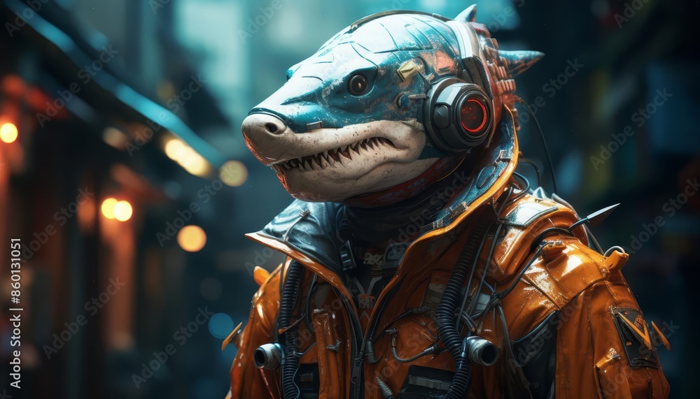 a Cyberpunk of auto robot Shark superhero photograph a Cyberpunk of auto robot Shark superhero photograph