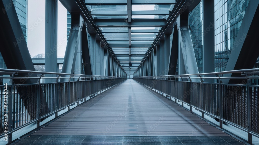 Fototapeta premium A long bridge with a metal railing and a glass ceiling