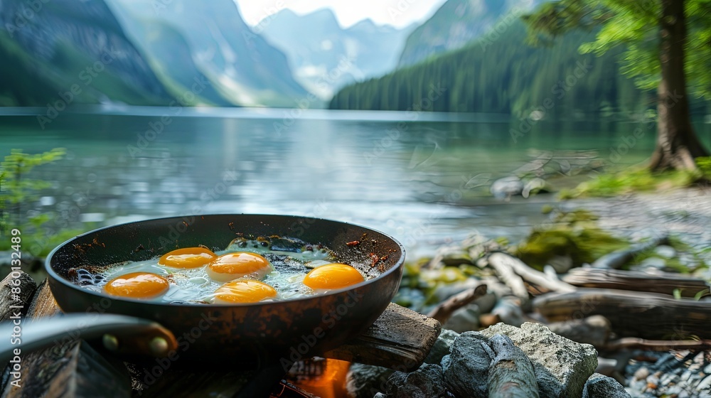 A tranquil outdoor cooking scene with five eggs frying in a pan on a campfire by a clear lake, surrounded by majestic mountains and lush greenery under an open sky. A tranquil outdoor cooking scene with five eggs frying in a pan on a campfire by a clear lake, surrounded by majestic mountains and lush greenery under an open sky.