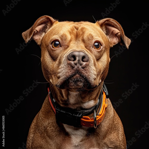 a dog with a dog collar looking at the camera