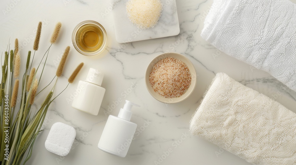 a flat lay scene with a collection of spa day essentials--aromatherapy oils, bath salts, and fluffy towels a flat lay scene with a collection of spa day essentials--aromatherapy oils, bath salts, and fluffy towels
