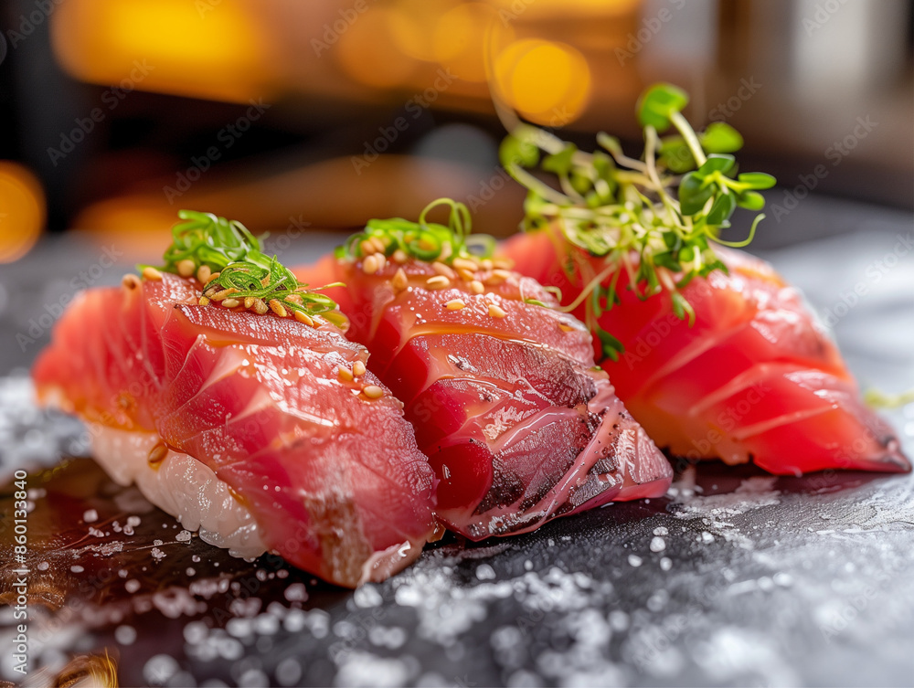 A close-up view of gourmet sushi pieces on a stylish black plate, adorned with fresh garnish accents, highlighting the precision and artistry of Japanese cuisine. A close-up view of gourmet sushi pieces on a stylish black plate, adorned with fresh garnish accents, highlighting the precision and artistry of Japanese cuisine.