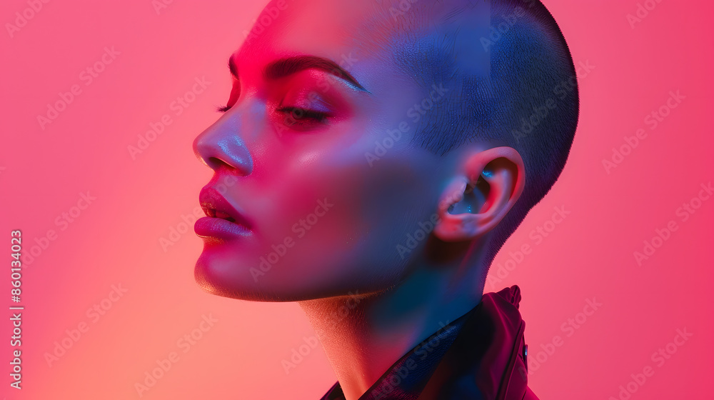 Obraz premium Modern beauty portrait Young woman with shaved head Colored gel fashion look : Generative AI