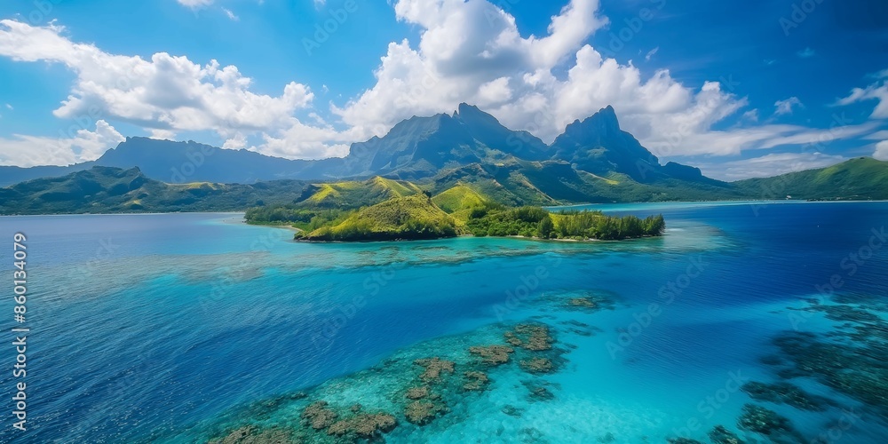 In the romantic panorama of a tropical island, majestic mountains meet turquoise waters. In the romantic panorama of a tropical island, majestic mountains meet turquoise waters.