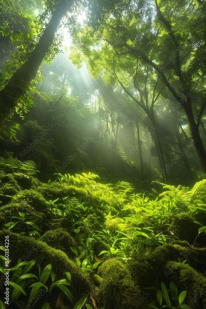 Fototapeta premium In the lush, misty rainforest morning, dense foliage, towering trees, and foggy wilderness thrive.