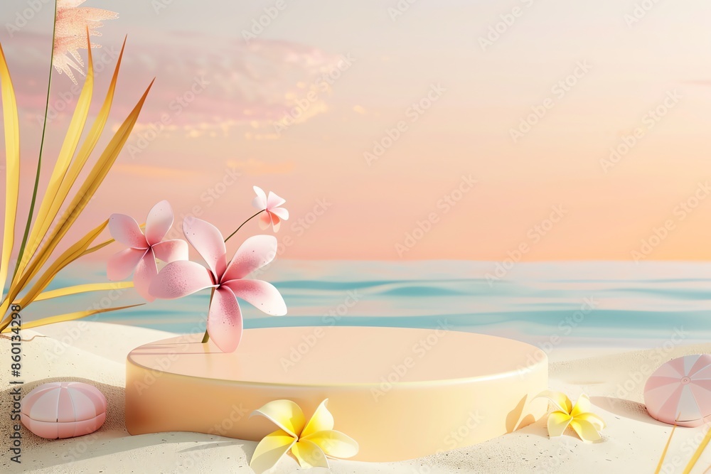3D render minimal summer background with an empty setting with flowers and candles 3D render minimal summer background with an empty setting with flowers and candles