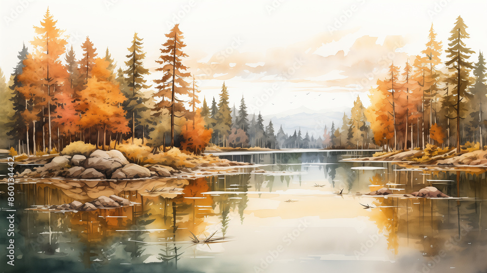 Naklejka premium An autumnal watercolor landscape with a reflective lake, surrounded by trees in warm fall colors, capturing the essence of the season.