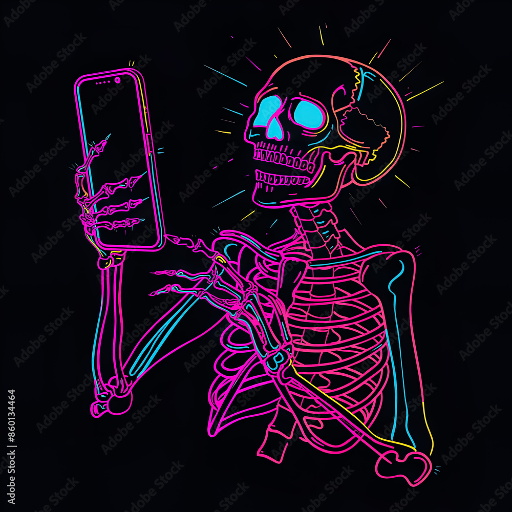 Colorful neon human skeleton looking at mobile gadget, online dependency and smartphone addiction concept, isolated on black background