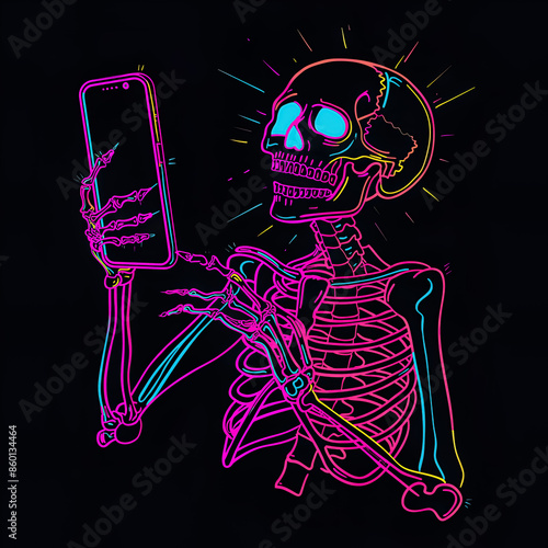 Obraz na płótnie Colorful neon human skeleton looking at mobile gadget, online dependency and smartphone addiction concept, isolated on black background
w salonie