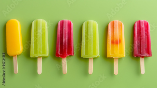 A collection of colorful popsicles arranged in a row on a green background, featuring different flavors and vibrant colors, perfect for summer and refreshing treats.