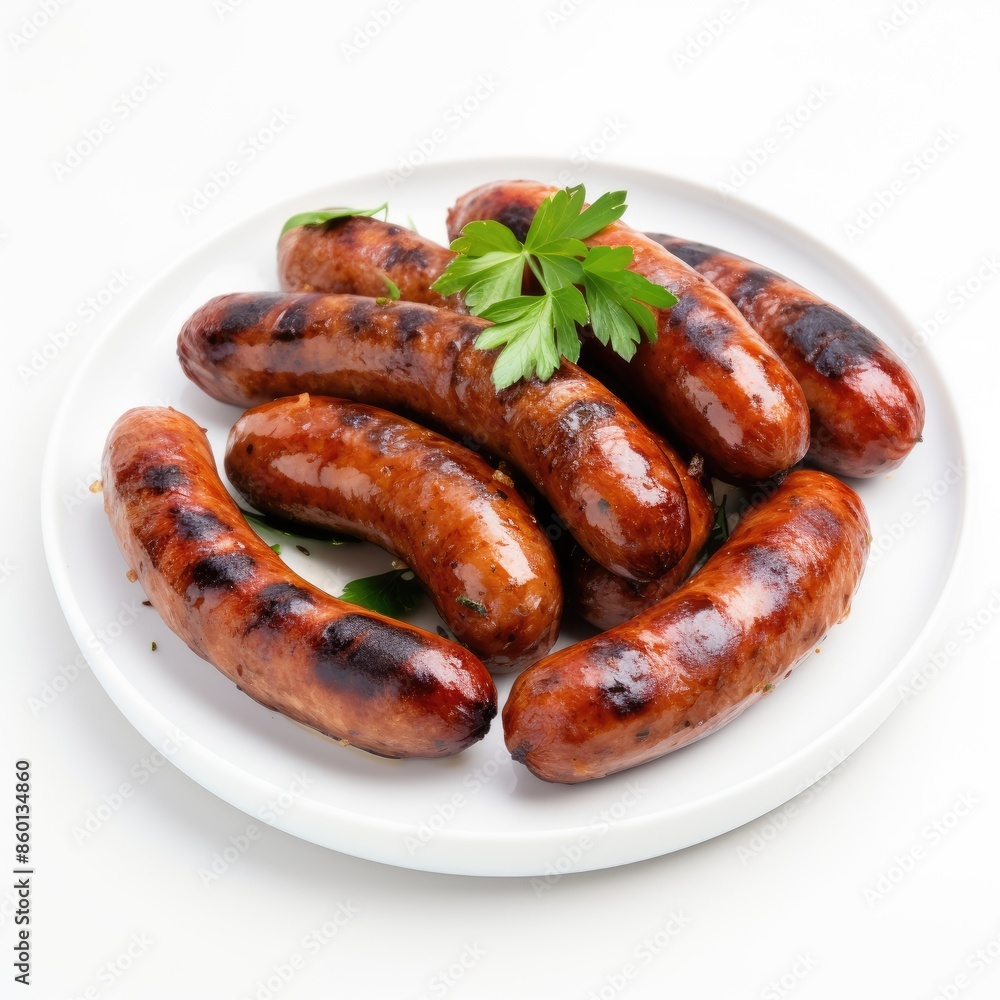 Grilled Sausage Links on White Plate with Fresh Parsley Garnish Grilled Sausage Links on White Plate with Fresh Parsley Garnish