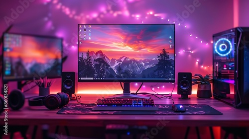 A realistic photo of a professional streaming setup with a high-end gaming PC, dual monitors, and a mechanical keyboard with RGB lighting.