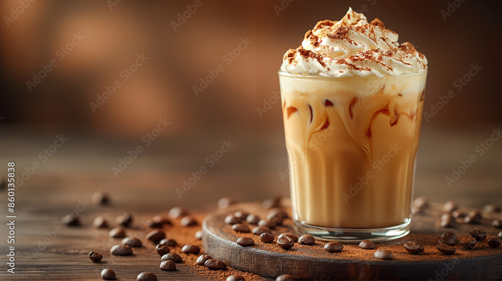 Delicious iced coffee beverage in a glass, topped with whipped cream and a sprinkle of cinnamon, creating a refreshing and indulgent drink for coffee lovers. Delicious iced coffee beverage in a glass, topped with whipped cream and a sprinkle of cinnamon, creating a refreshing and indulgent drink for coffee lovers.