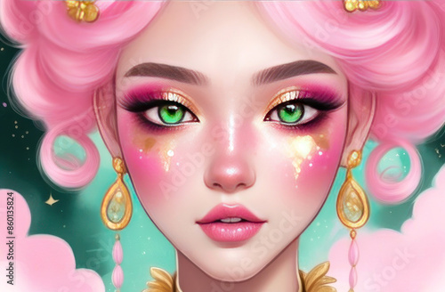 Step into a world of fantasy with this stunning close-up portrait featuring vibrant pink curls