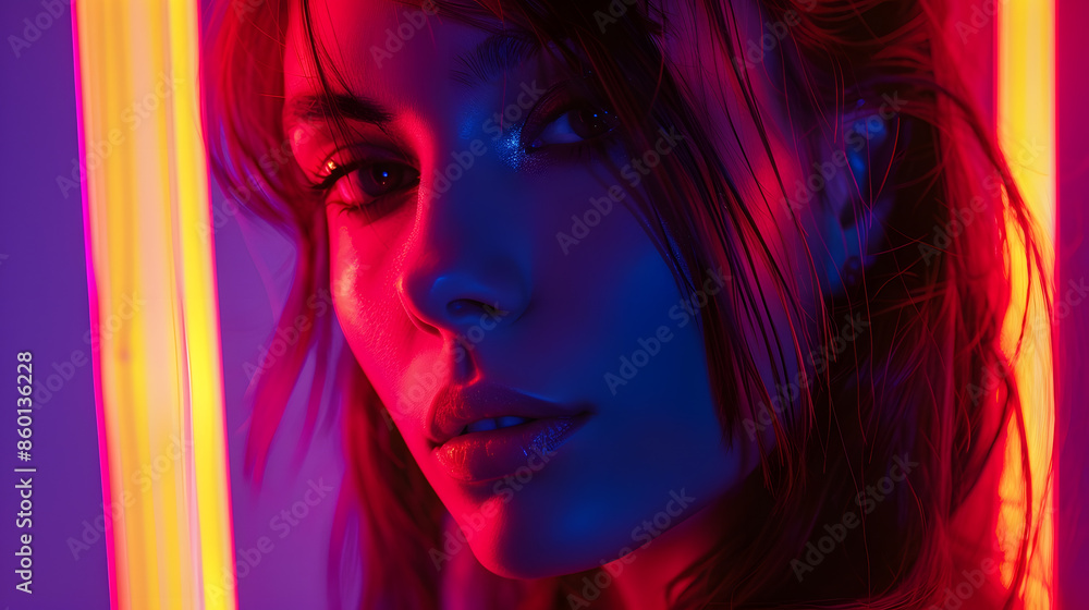 Toned portrait of beautiful woman with glowing neon lamps on dark color background : Generative AI Toned portrait of beautiful woman with glowing neon lamps on dark color background : Generative AI