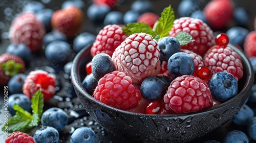A bowl full of assorted fresh berries including raspberries, blueberries, and more, all covered in dewdrops, showcasing their vibrant colors in a moist, natural setting. photo