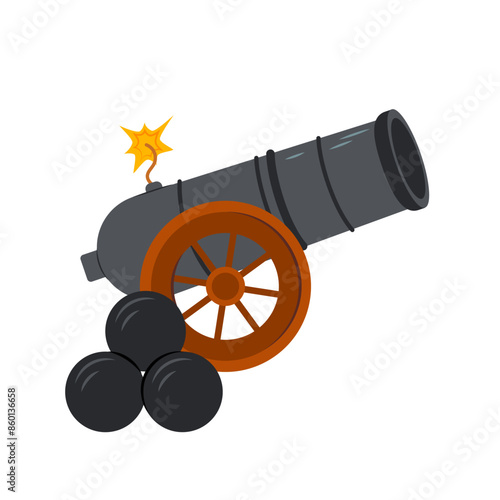 Cannon. Ancient cannon in flat style isolated on white background. Vintage cartoon cannon with core illustration.