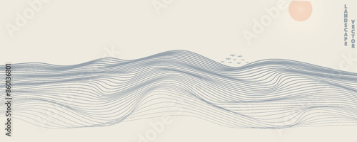 Vector abstract art landscape mountain with birds and sunrise sunset by blue line art texture isolated on white beige earth tone background. Minimal luxury style for wallpaper, wall art decoration.