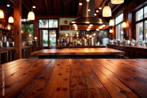 Empty wooden table counter top backdrop with background of restaurant bar © Kheng Guan Toh