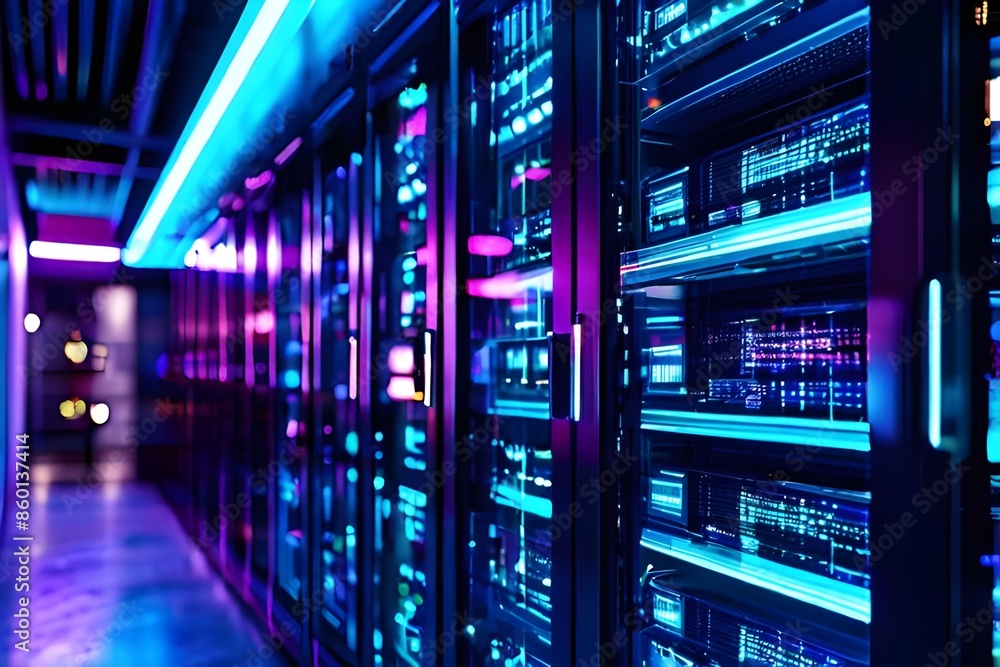 A neon light server room symbolizes high data protection, emphasizing the importance of securing digital information in the modern technological landscape - Cyber Security. A neon light server room symbolizes high data protection, emphasizing the importance of securing digital information in the modern technological landscape - Cyber Security.