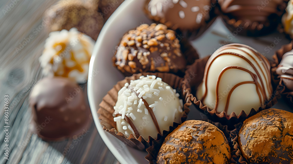 A plate of decadent fast food chocolate truffles with a variety of flavors A plate of decadent fast food chocolate truffles with a variety of flavors