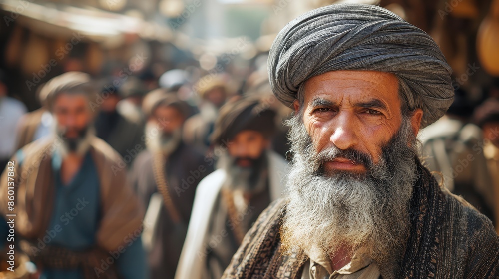 Close up of an elderly man with a beard and in traditional attire with a turban standing outdoors amid a busy marketplace, showcasing authenticity and human connection. Close up of an elderly man with a beard and in traditional attire with a turban standing outdoors amid a busy marketplace, showcasing authenticity and human connection.