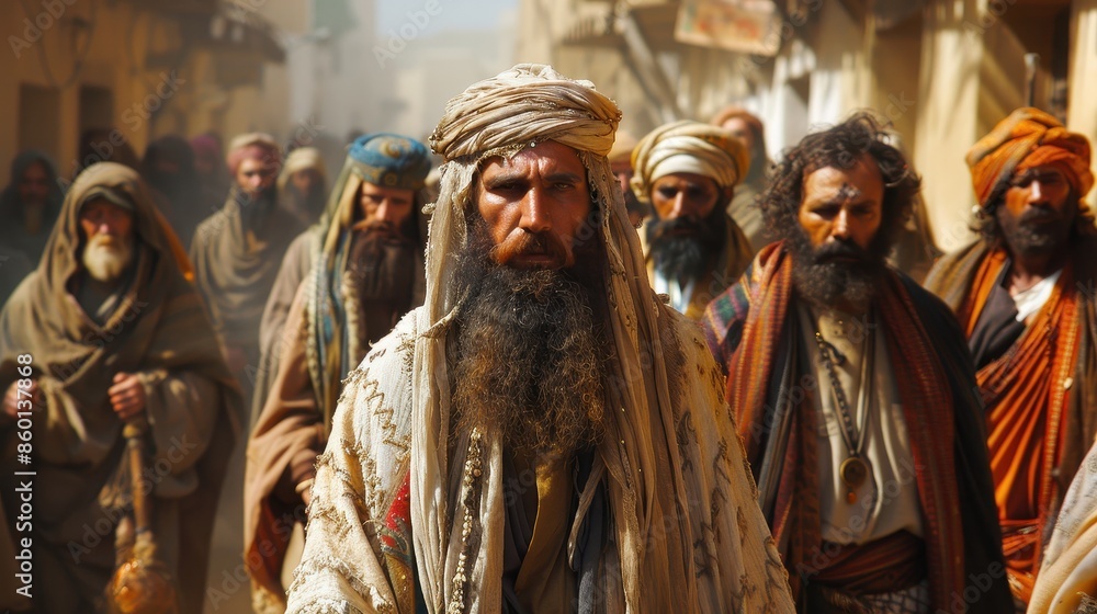 Naklejka premium A diverse group of men dressed in traditional, historical robes and turbans walking purposefully through a lively street, illustrating cultural heritage and unity.