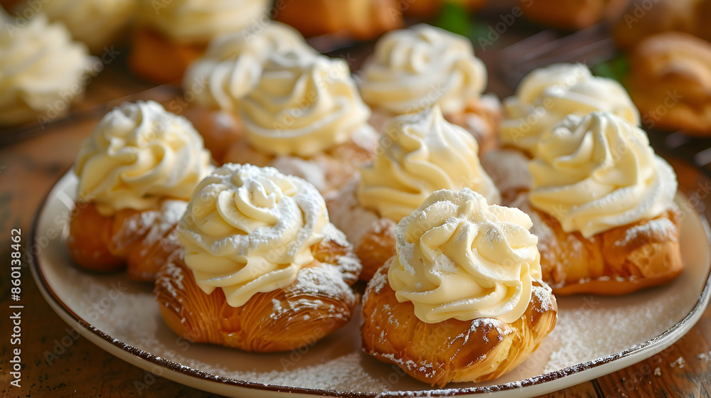 A plate of delicate fast food cream puffs filled with creamy custard A plate of delicate fast food cream puffs filled with creamy custard