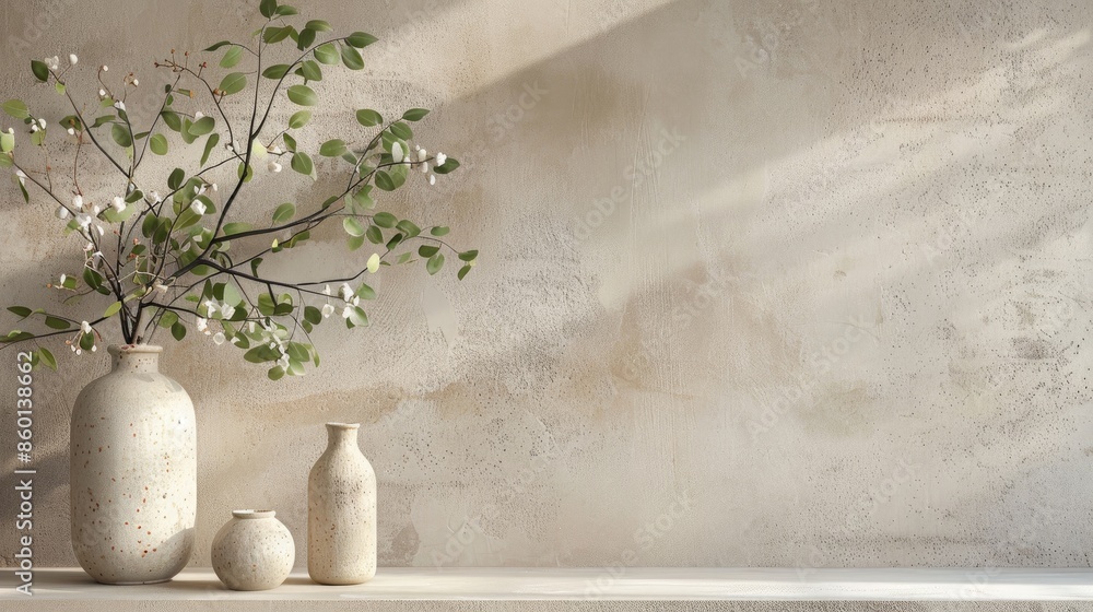 Elegant display featuring vase plaster figures boxwood branch Presentation with empty area Elegant display featuring vase plaster figures boxwood branch Presentation with empty area
