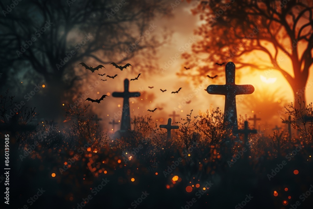 Haunted Halloween Cemetery with Bats Background Haunted Halloween Cemetery with Bats Background
