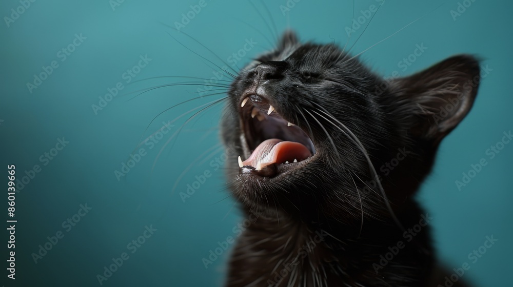 Cute Cat. Mouth open, yawning, meowing. Isolated against a vibrant blue background. Kitty. Feline. Pet.
Cute Cat. Mouth open, yawning, meowing. Isolated against a vibrant blue background. Kitty. Feline. Pet.