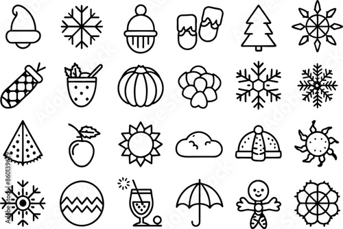 Holiday & Seasons related concept editable stroke outline icons isolated on white background flat vector illustration