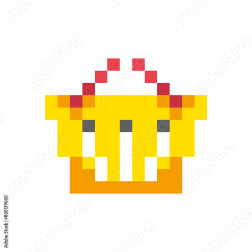 Shopping cart 8 bit icon, Shopping basket pixel item for game interface, Shopping cart game element resource.