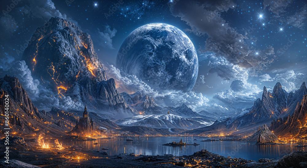 Obraz premium Alien planet landscape with a moon