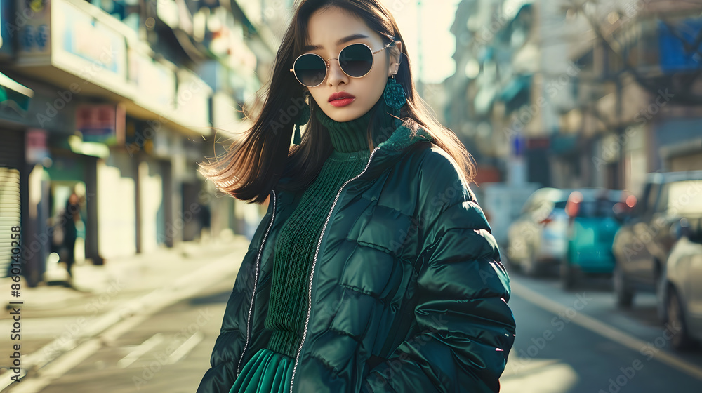 Fashion asian female model outdoor Green down jacket green skirt green sweater sunglasses Monochromatic look Urban city streets : Generative AI Fashion asian female model outdoor Green down jacket green skirt green sweater sunglasses Monochromatic look Urban city streets : Generative AI