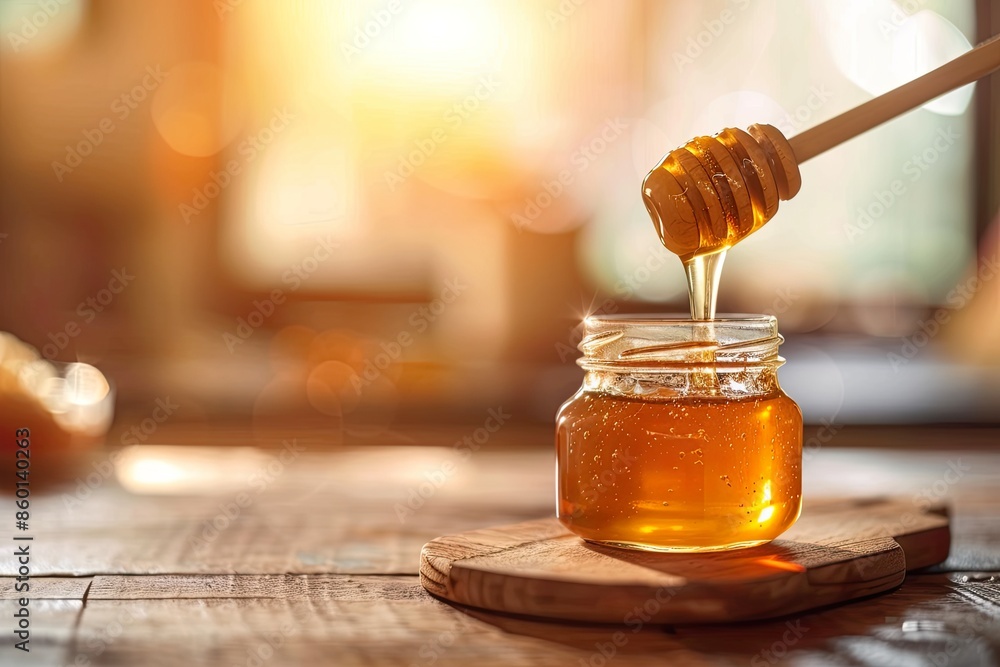 Honey Dipper Dripping Golden Honey into Jar Honey Dipper Dripping Golden Honey into Jar