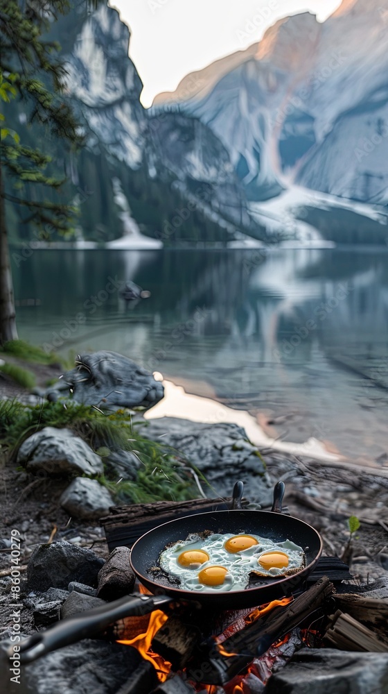 A frying pan with perfectly cooked eggs sits on a campfire beside a serene lake, surrounded by majestic snow-capped mountains, creating a picturesque and peaceful scene. A frying pan with perfectly cooked eggs sits on a campfire beside a serene lake, surrounded by majestic snow-capped mountains, creating a picturesque and peaceful scene.