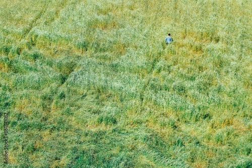 An aerial shot showing an individual in a grassy field, Nubra Valley, Ladakh, India
