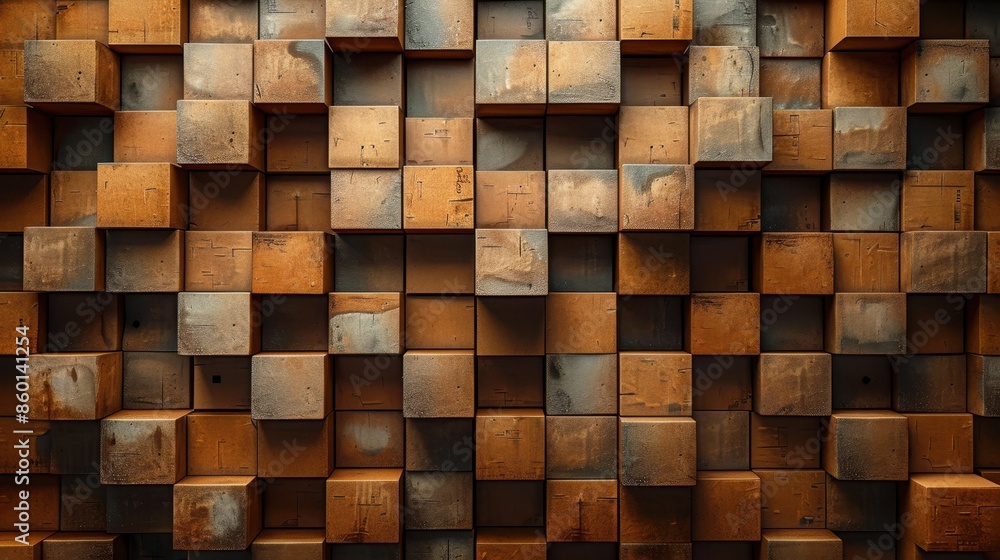 An arrangement of rusty cubes forms an abstract geometric structure, depicting the intersection of art and industrial elements with a modern aesthetic. An arrangement of rusty cubes forms an abstract geometric structure, depicting the intersection of art and industrial elements with a modern aesthetic.