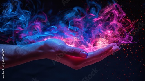 Glowing magic fantasy hands concept.fantasy wisps of magical glowing neon smoke