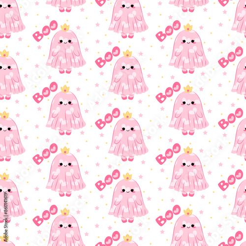 Seamless pattern with cute ghost princess. Halloween. Pattern for textile, wrapping paper, background.