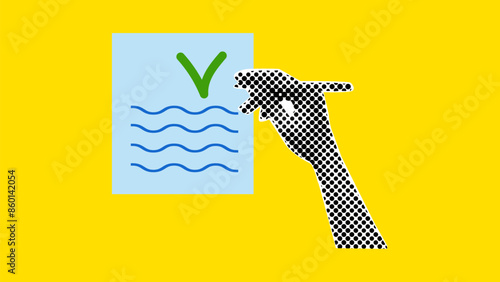 Halftone Collage business theme pop art style. Effect cut paper from newspaper. Hand puts jackdaw on sheet with pen. Design banner poster advertising materials. Vector illustration.