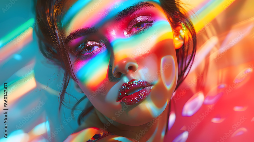 Fashion model woman in colorful bright lights posing portrait of beautiful sexy girl with trendy makeup Art design colorful make up Over colourful vivid background Night club dancer : Generative AI Fashion model woman in colorful bright lights posing portrait of beautiful sexy girl with trendy makeup Art design colorful make up Over colourful vivid background Night club dancer : Generative AI