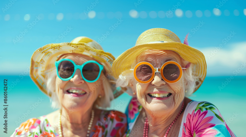 Elderly women having a great time at the beach, donning sunglasses and sun hats, with bright smiles on their faces Elderly women having a great time at the beach, donning sunglasses and sun hats, with bright smiles on their faces