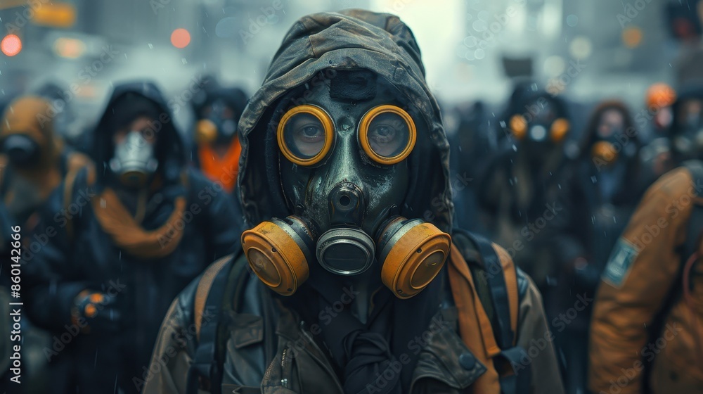 An individual donning a gas mask and hooded jacket, seen from the front, participates in a rain-soaked street protest, surrounded by fellow demonstrators in an urban cityscape. An individual donning a gas mask and hooded jacket, seen from the front, participates in a rain-soaked street protest, surrounded by fellow demonstrators in an urban cityscape.
